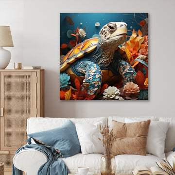 Turtle Journey Coral Geometric - Turtle Framed Canvas Art